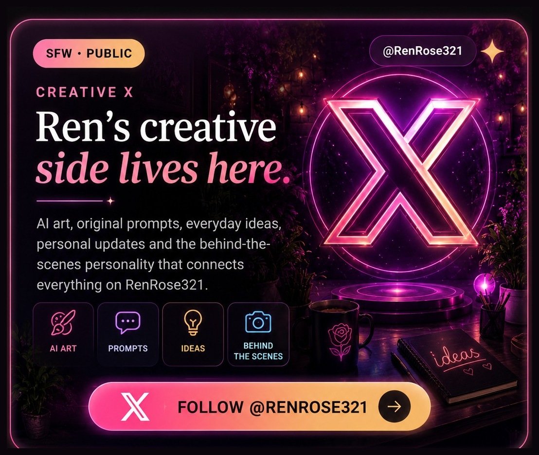 Ren Rose Creative X — SFW public profile featuring AI art, prompts, ideas and behind-the-scenes posts. Follow @RenRose321.