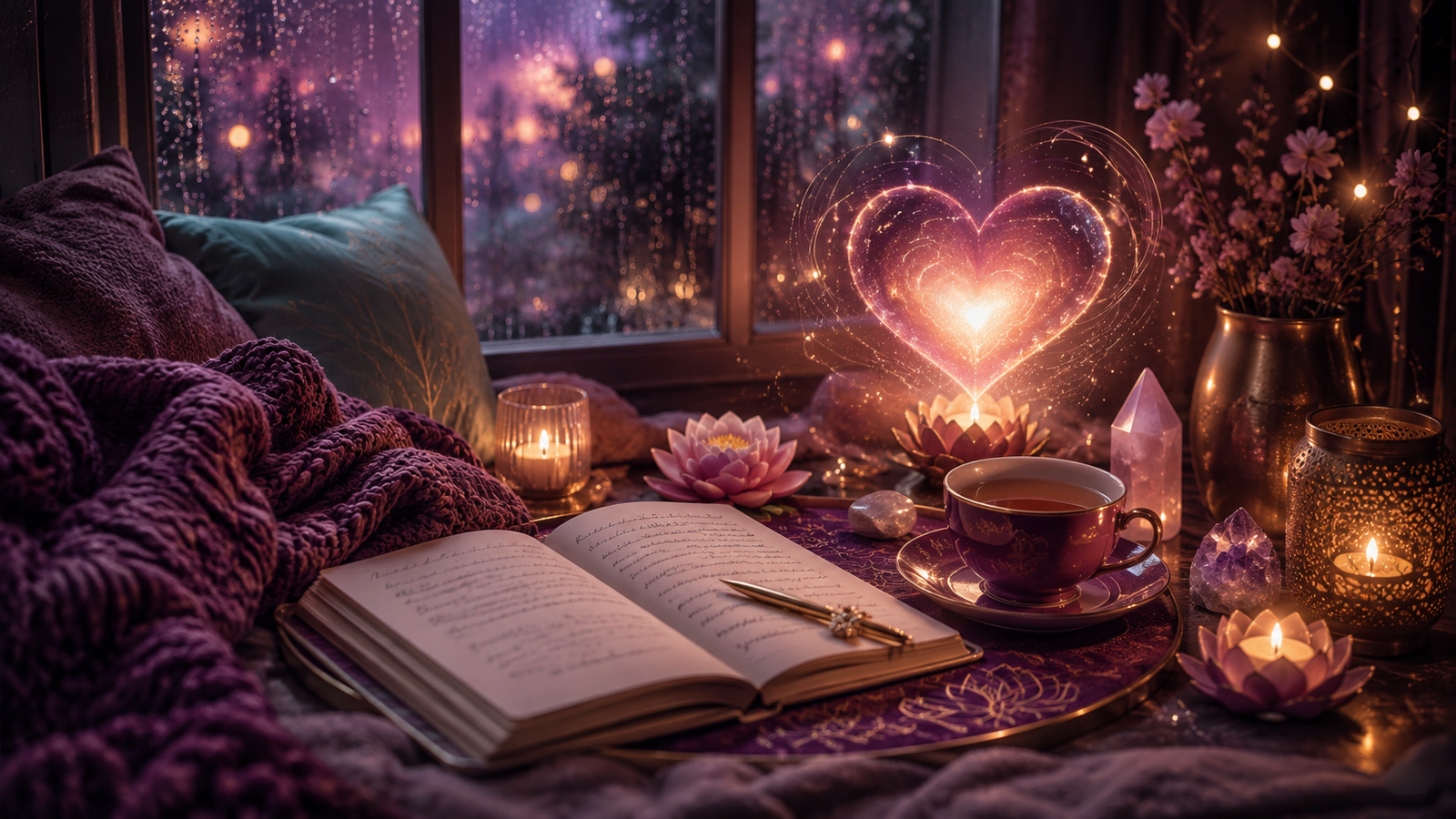 Cozy self-care tapping artwork with a journal, tea, candles, crystals and a glowing heart