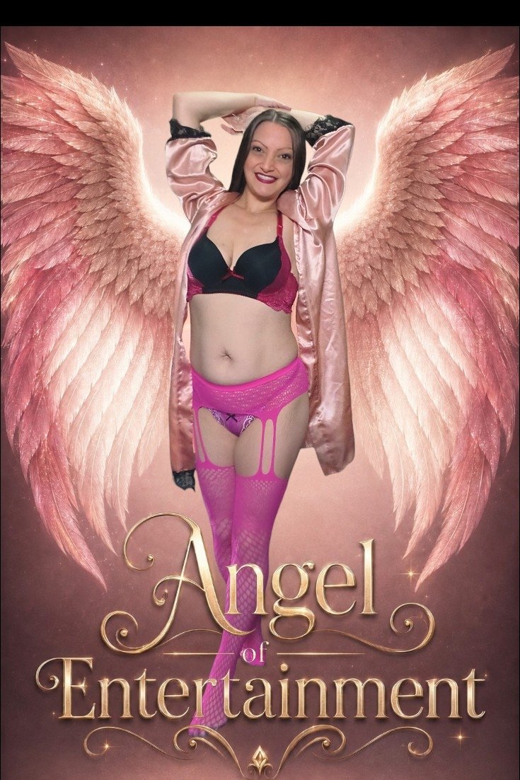 Ren Rose posed in front of pink angel wings with Angel of Entertainment artwork