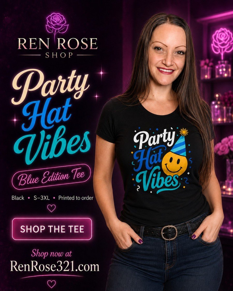 Ren wearing the Party Hat Vibes Blue Edition T-shirt